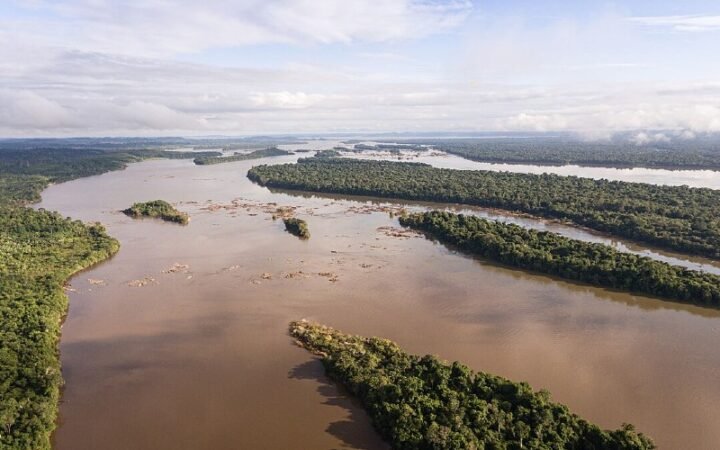 Vista aérea de rios e ilhas cobertas de floresta na região de São Francisco Souzel, no Pará